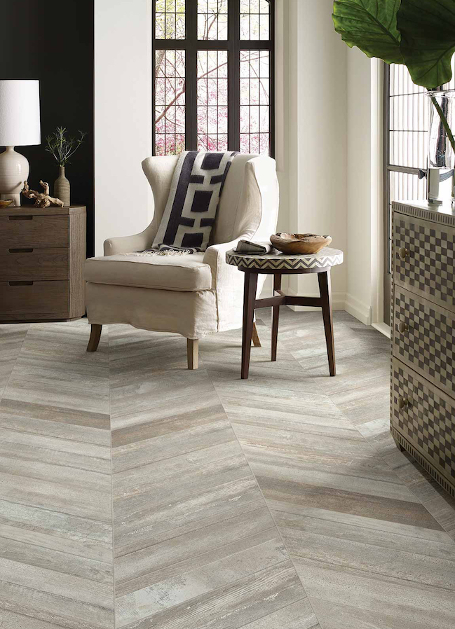 wood look ceramic tile flooring in a stylish living room with soft greys and neutrals