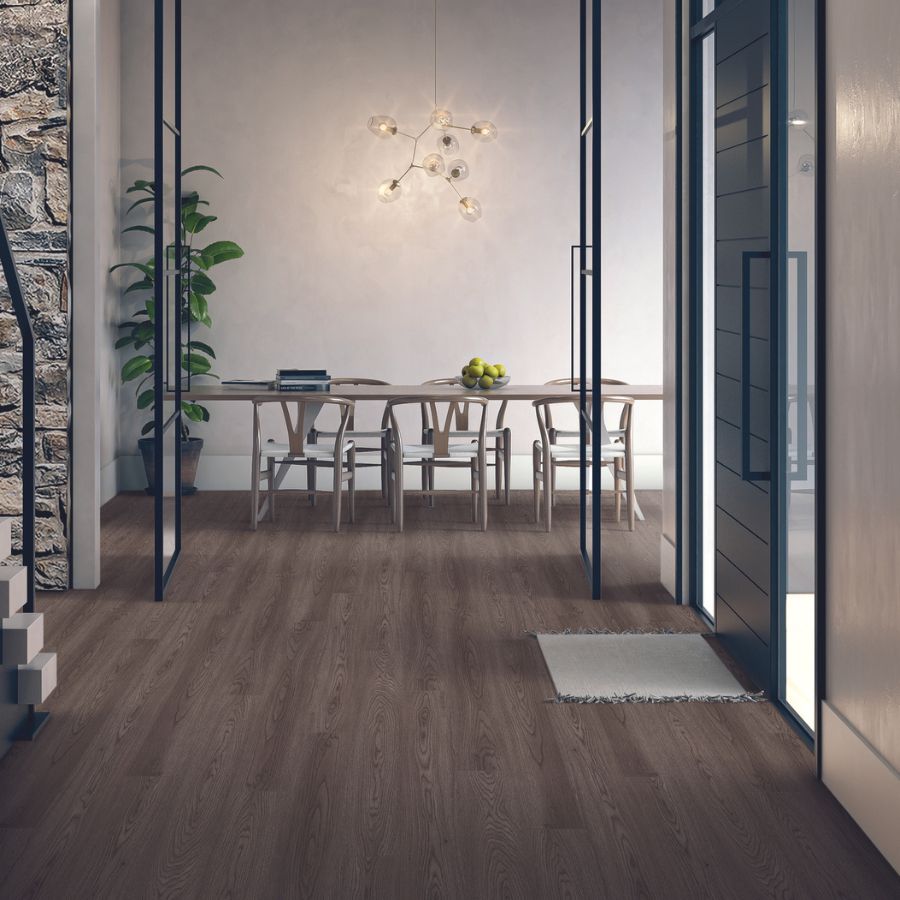 laminate flooring in entryway with dining table